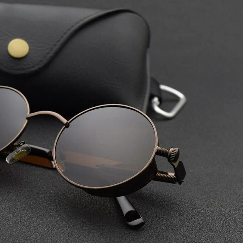 Kacamata hitam Steampunk untuk pria wanita, Vintage trendi bingkai logam bulat kacamata hitam terpolarisasi luar ruangan berkendara aksesoris berkendara