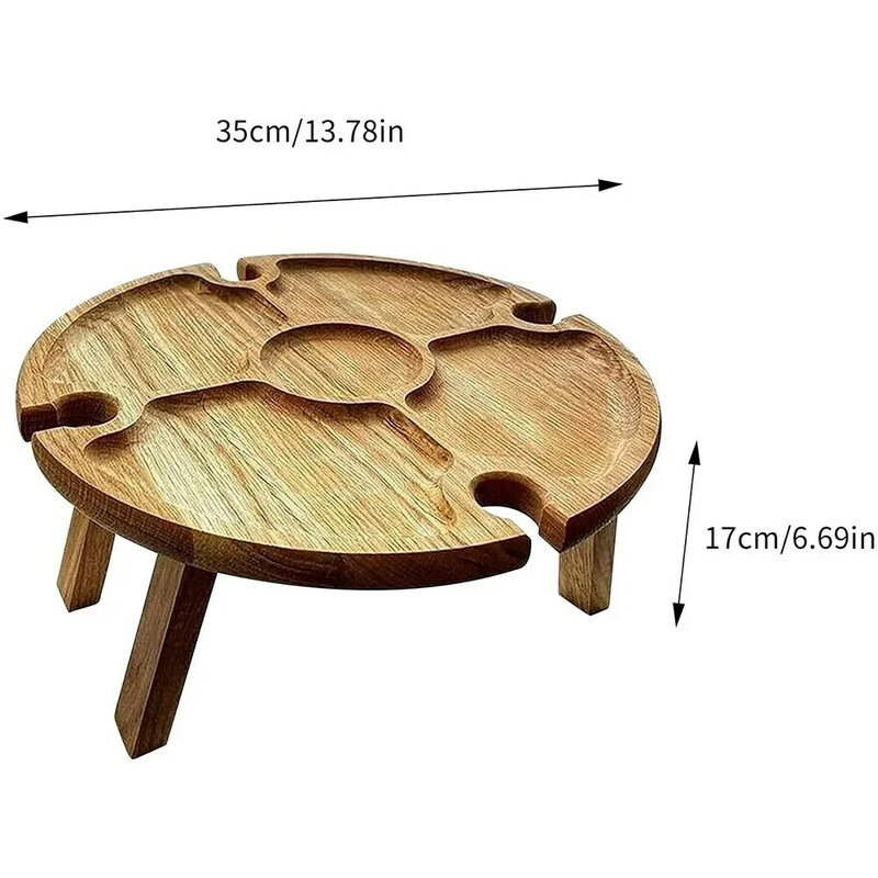 Wooden Outdoor Folding Picnic Table With Glass Holder Round Foldable Desk Wine Glass Rack Collapsible Table for Garden Party