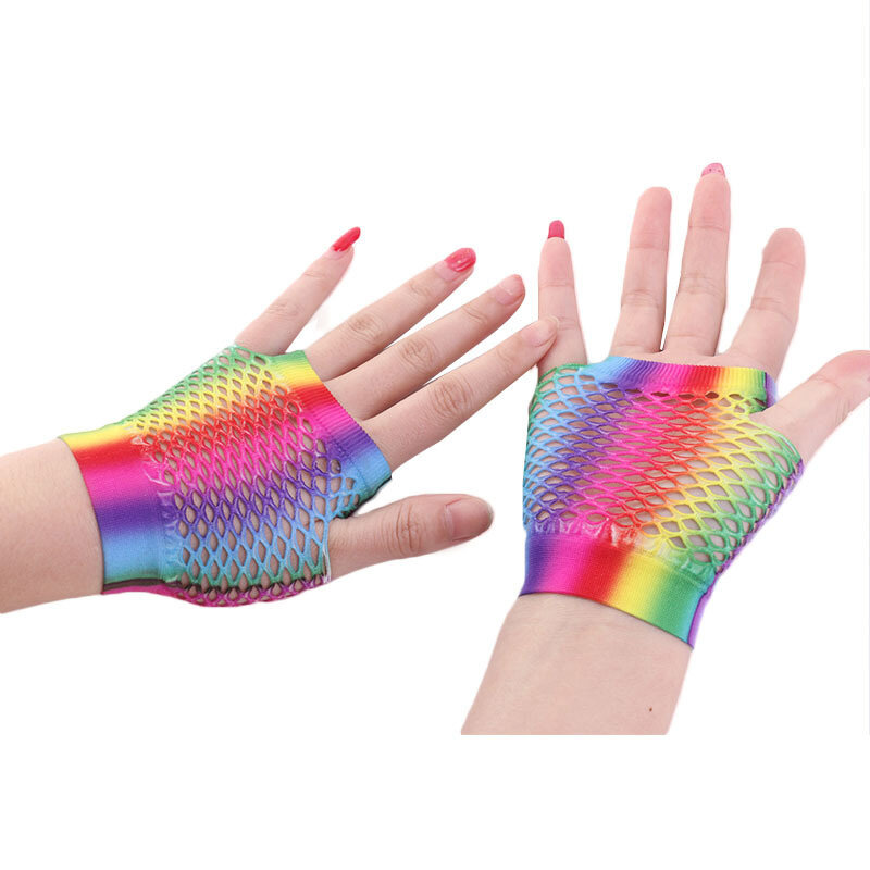 Damskie seksowne tęczowe krótkie siateczkowe rękawiczki kabaretki z wydrążonymi otworami rękawiczki bez palców Lady Disco kostium taneczny pół rękawiczki