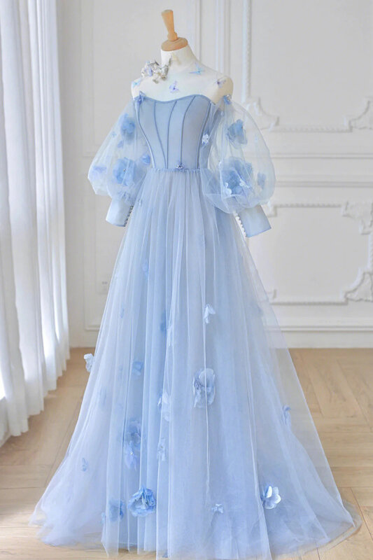 Vestido azul claro feminino, vestido de espartilho princesa flor 3D, mangas folhada, vestidos de noiva, festa de aniversário, 2024