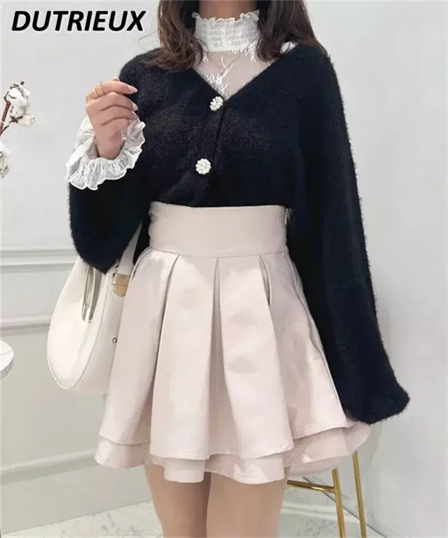 Kawaii Girl Japanese Style Sweet Cute Side Zipper High Waist Pleated Mini Skirt Elastic High Waist Double Layer Short Pantskirt