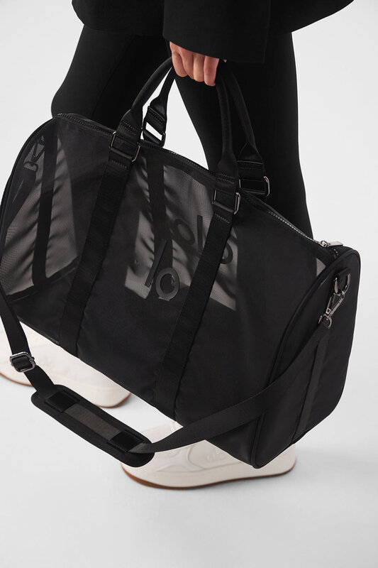 Lo กระเป๋าสะพายไหล่แบบพกพาสำหรับเล่นโยคะกีฬากระเป๋าถือแบบใสความจุขนาดใหญ่กระเป๋าถือกึ่งเชียร์ตาข่ายสีดำ