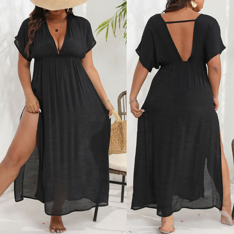 Vestido preto sem encosto de praia feminino com V profundo, saia longa feminina, tendências da moda, fenda, roupas plus size, 2020