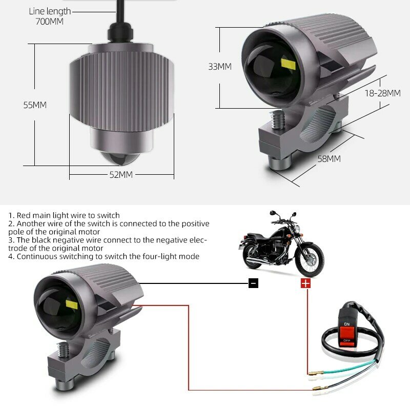 Lampu depan motor lensa proyektor, lampu depan tambahan cahaya 12V 24V untuk aksesori listrik Off -road LED