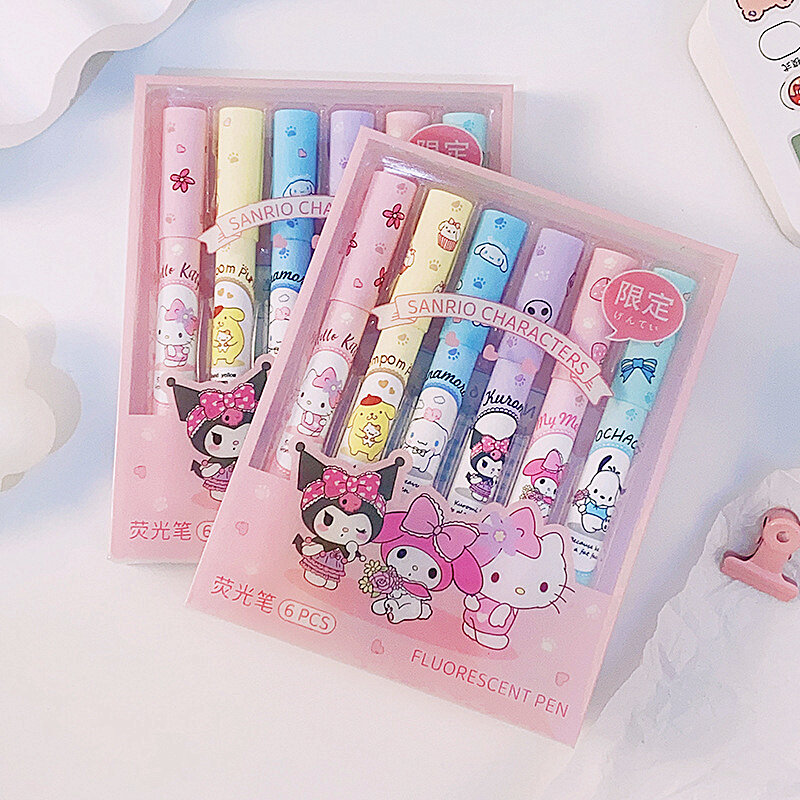 Sanrio-Juego de rotuladores fluorescentes de Hello Kitty, 6 piezas, Kawaii Kuromi Melody, Cinnamoroll, escuela, Oficina