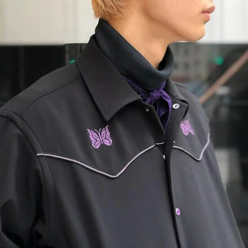 男性と女性のための長袖オーバーサイズのボタンコート,黒と紫の蝶の綿のジャケット,新しいコレクション