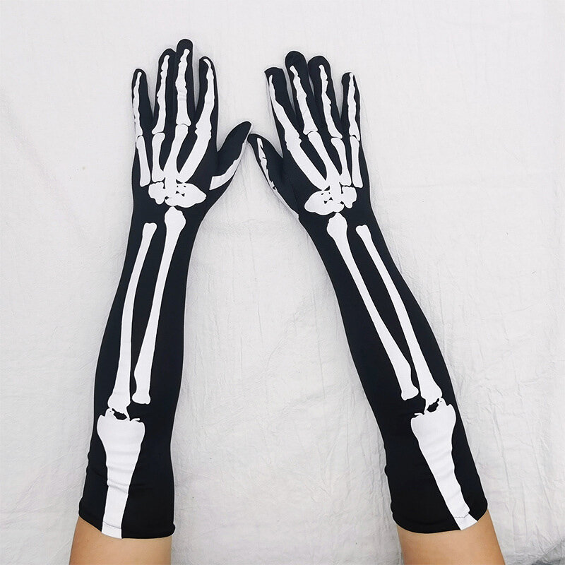 Dedo Cheio Esqueleto Crânio Luvas Longas para Mulheres, Halloween Cosplay, Stretch Gothic Mittens Bicicleta, Acessórios Halloween, Unisex