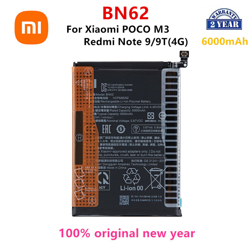Batterie d'origine pour Xiaomi POCO M3 Redmi Note 9 4G Redmi 9T 4G, remplacement de téléphone 24.com, BN62, 6000mAh, 100%