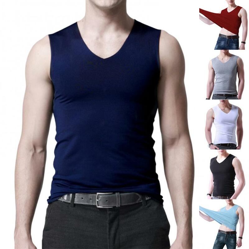 플러스 사이즈 스포티 조끼 남성용 티셔츠, 단색 슬림 패션 민소매 탑, V넥 심리스 탱크
