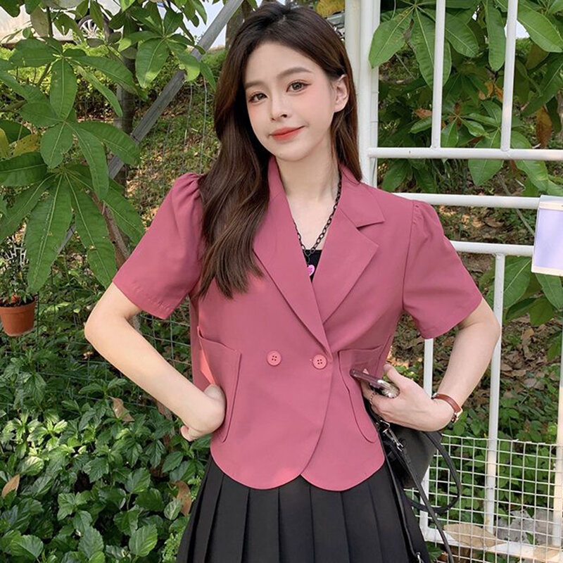 Blazers recortados coreanos para mujer, Chaqueta de traje de manga corta delgada, Color sólido, prendas de vestir de oficina de un solo pecho para mujer