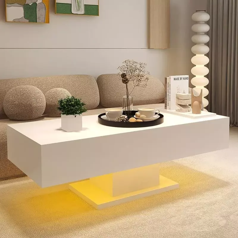 Led Coffee Table High Gloss Modern Coffee Table With LED Lights Center Table for Living Room Restaurant Tables Serving Wood Cafe