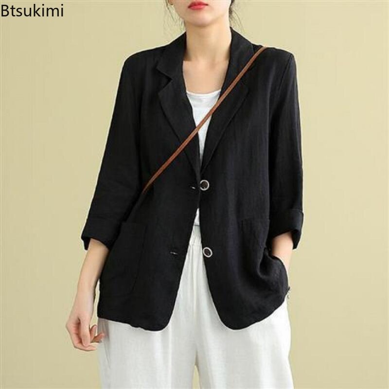 2024 Women's Casual Spring Autumn Cotton Linen Blazers Jacket  Female Long Sleeve Elegant Fashion Cardigan Suit All-match Coat
