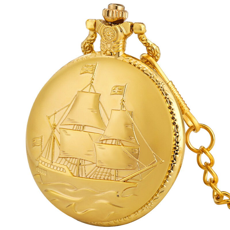 Luxury Gold Model Military Series U.S Navy USS condition Sail Frigate orologio da tasca al quarzo FOB collana orologio a catena per uomo