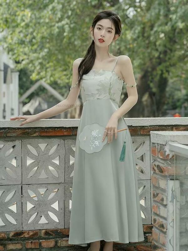 Платье на бретельках в китайском ретро-стиле ханьфу, волшебное пляжное праздничное длинное платье, Летний шифоновый Женский комплект из двух предметов