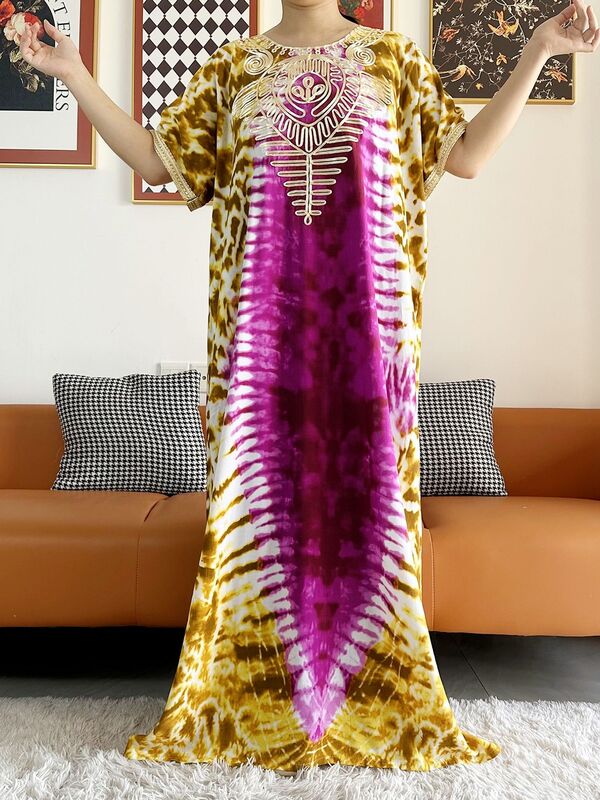 2024 nowa afrykańska kobiet Dashiki 100% bawełniane sukienka kwiatowa z nadrukiem-suche Maxi na krótki rękaw luźne afrykańskie eleganckie sukienki
