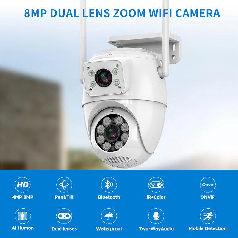 4K 8MP HD WiFi การเฝ้าระวังกล้องวีดีโอเลนส์คู่ PTZ IP CCTV ไร้สายกลางแจ้งการมองเห็นได้ในเวลากลางคืนกล้องวงจรปิดติดตามอัตโนมัติ