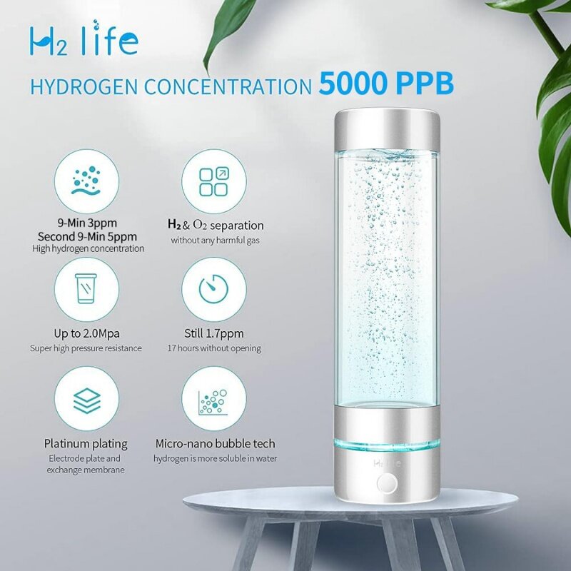 Botella de agua deportiva de hidrógeno, generador de agua profesional rico en hidrógeno con SPE y PEM, 320ml, 5000PPB, agua de hidrógeno de modo Dual