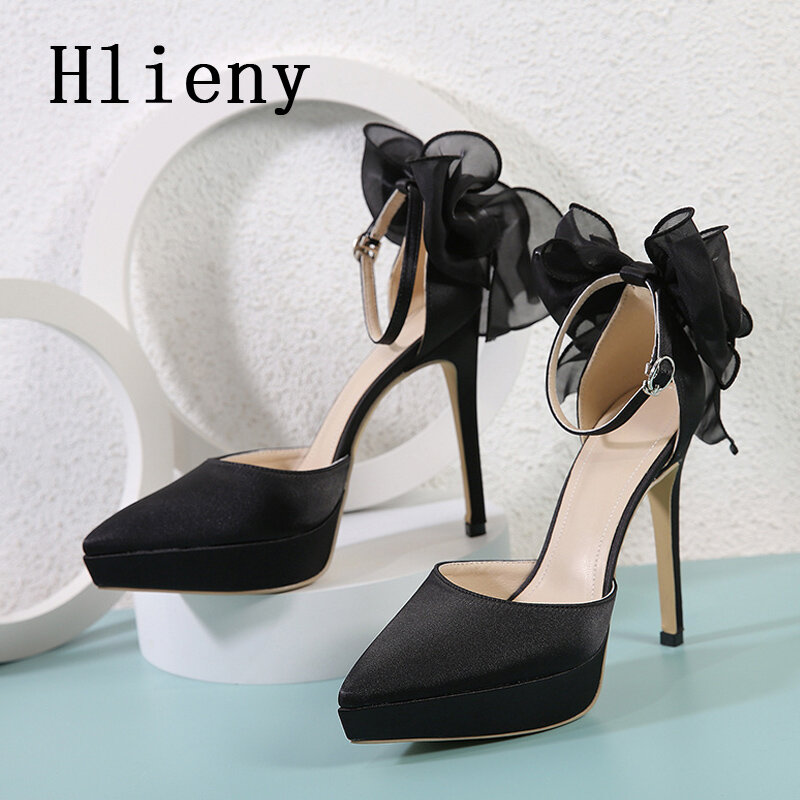 Hlieny New Fashion Pointed Toe Pumps Sexy Sandals Satin Butterfly-knot Buckle Strap Women Stiletto High Heels Banquet Party Shoe