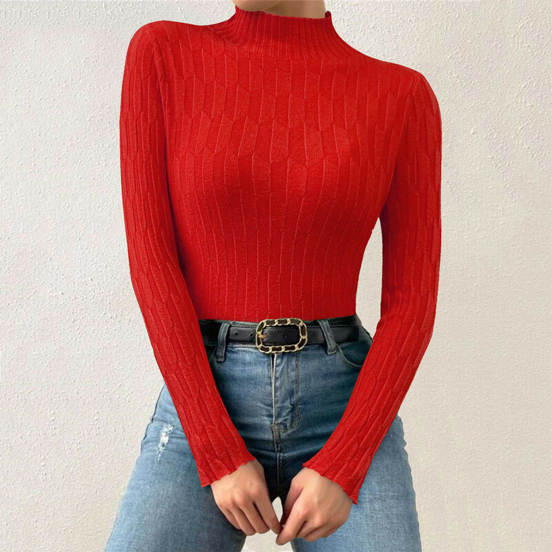 Pullover Turtleneck Sweater wanita, atasan Jumper dasar polos musim semi gaya Korea elastis ramping, Sweater rajut lembut musim gugur wanita