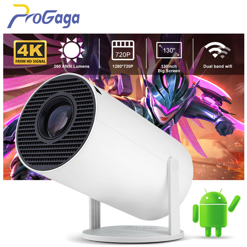 Progaga 홈 시네마 야외 휴대용 프로젝터, 4K, 안드로이드 11, 와이파이 260, ANSI Allwinner H713, BT5.0, 720P, HY300 PRO