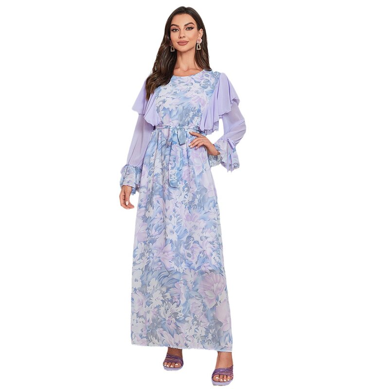 Gaun pesta Muslim wanita Abaya Lebaran motif bunga gaun Ramadan elegan lengan panjang Jalabiya Vestidos Kaftan Abaya Kaftan