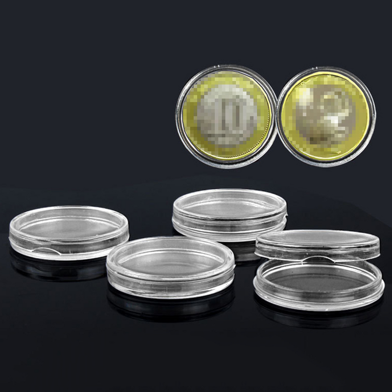Crystal Transparent Coin Collection Caixa De Proteção, Tamanho Pequeno Caixa Redonda, 28mm, 50Pcs
