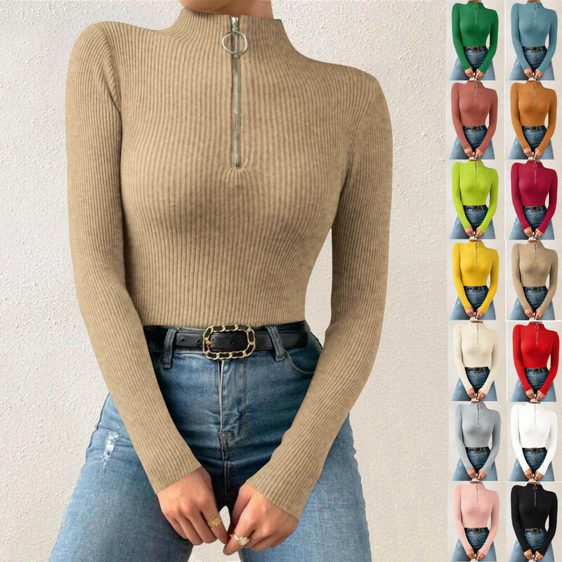 Suéter de punto con cremallera para mujer, jersey básico de cuello alto, ajustado, color negro, otoño e invierno, 2024