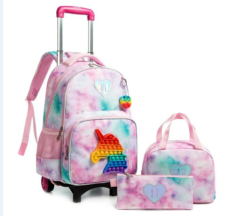 School Rolling Backpack Set para Meninas, Lunch Bag, Pen Bag, Trolley, Bookbag com rodas