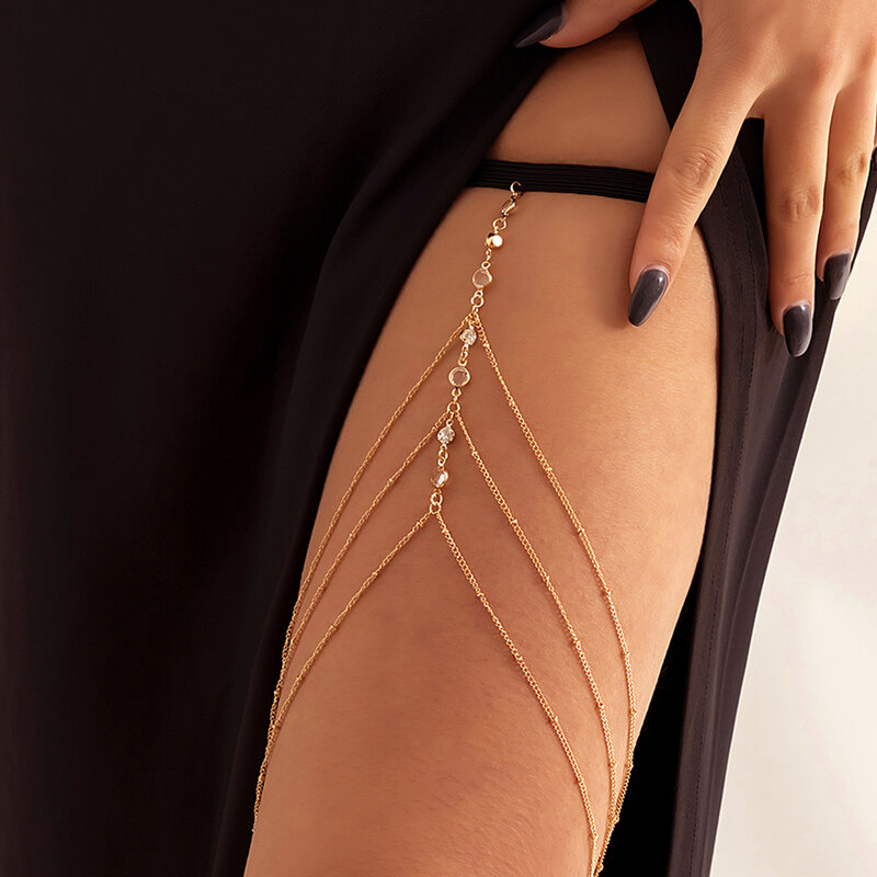 IngeSight.Z-Cadena de pierna de perlas de imitación para mujer, cadena de muslo elástica ajustable Simple, joyería corporal, borla multicapa Sexy