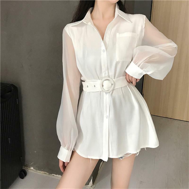 Trendy Elegant Blouse Women Casual Long Sheer Sleeve Mini Dress OL Belt Work Simple Shirt Blouse Tops Loose Solid Chic Blouses