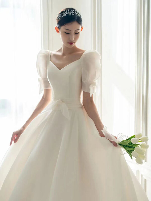 Elegante vestido feminino de cetim de manga curta, vestido de noiva branco, verão ou primavera, novo, 2023