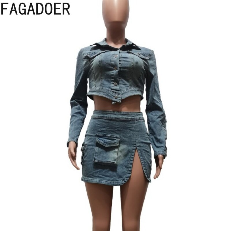 Fagadio-デニムミニスカート,ショートトップ,デニム,長袖,不規則なカットとスリット,女性のためのストリートウェアファッション,女性のカウボーイ服