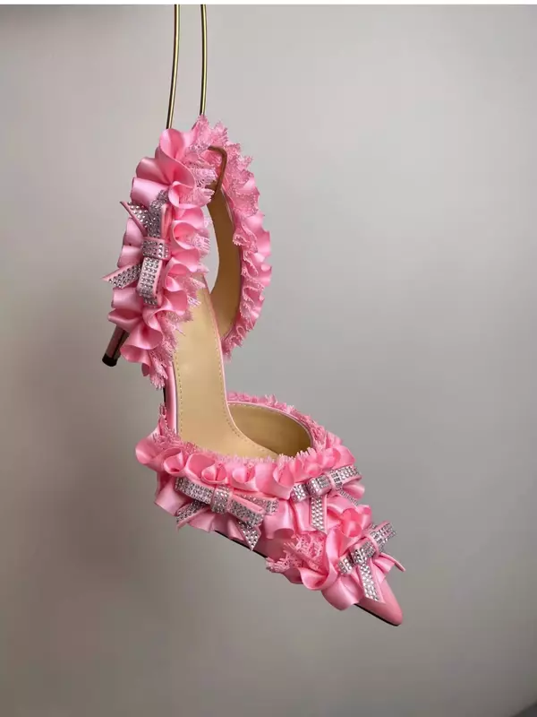 2024 New Single Shoe Water Diamond Bow Decoration Lace Lolita Baotou Silk Shallow Mouth High Heel Sandals