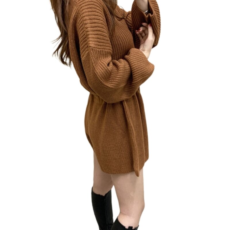 Modischer Damen-Strick-Overall, gebundene Taille, gestrickt, langärmlig, vielseitige Shorts