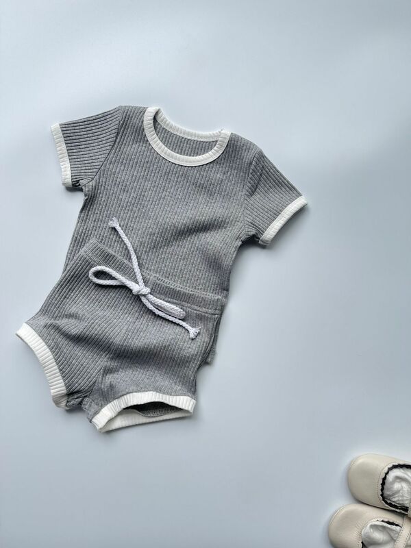 아기 반팔 면 의류 세트, 단색 골지 티셔츠 및 반바지, 세트 유아 의상, 2024 여름 신제품