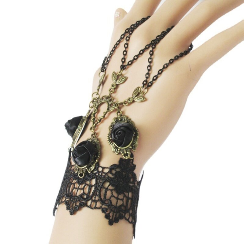 Gothic Wrist Cuffs Ruffled Layered Lace Fake Sleeve Jewelry Crystals Gear Chain