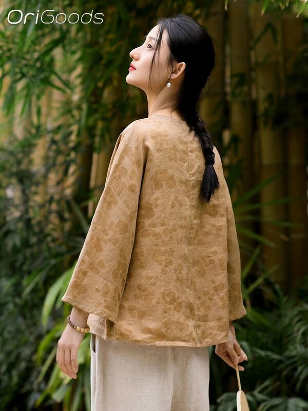 Blusa chinesa de linho estilo nacional para mulheres, tops estampados elegantes, camisa para primavera verão 100% linho, nova, 100%, 2024