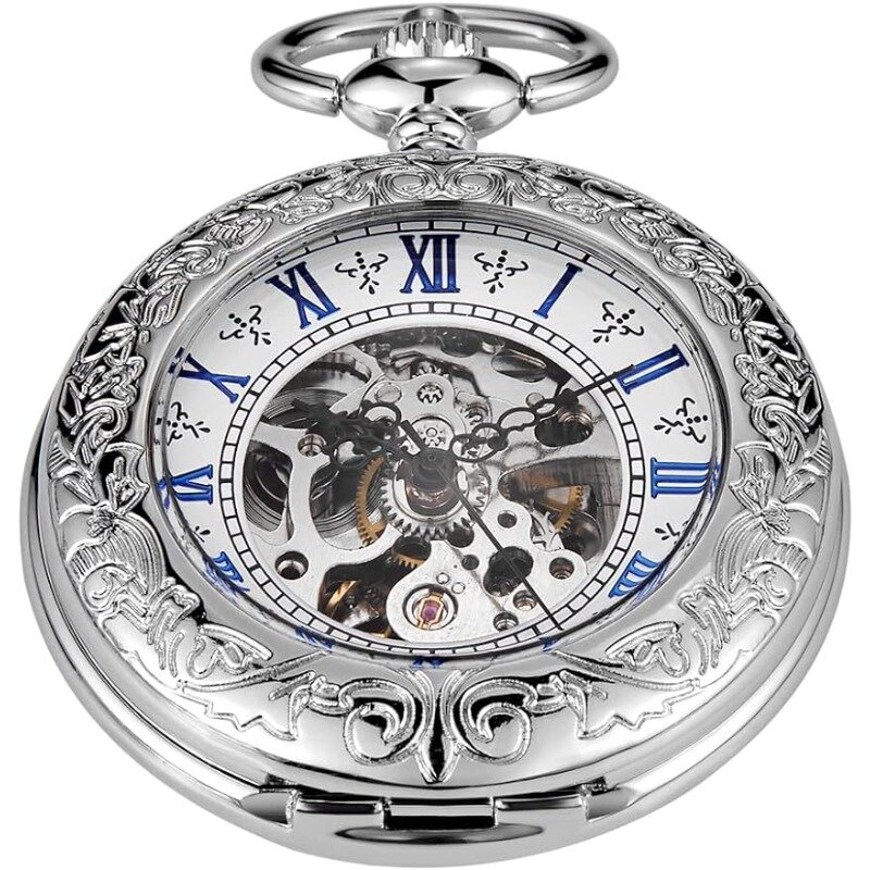 Numeral romano Dial relógio de bolso masculino, movimento automático, mecânica ver através do caso, preto e prata, corrente