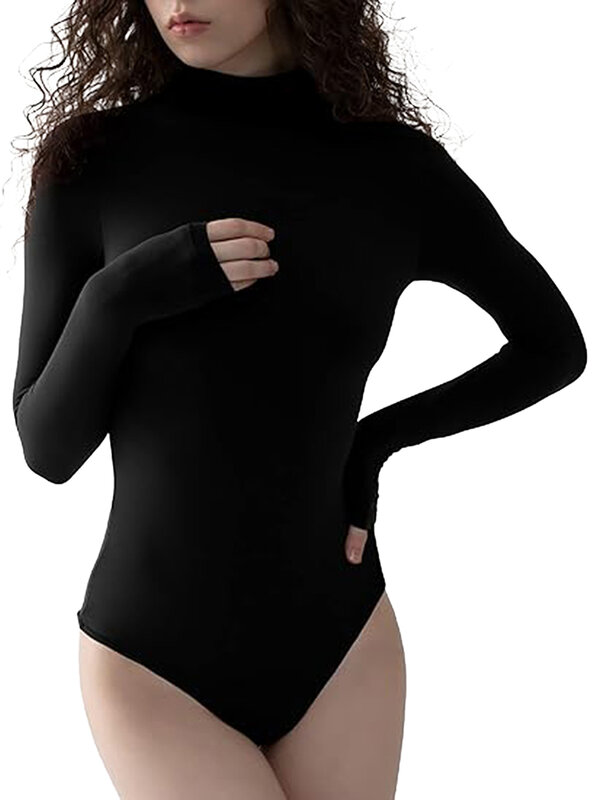 Women Bodysuits T-Shirt Solid Color Half Turtleneck Long Sleeve Jumpsuits Romper for Club Streetwear