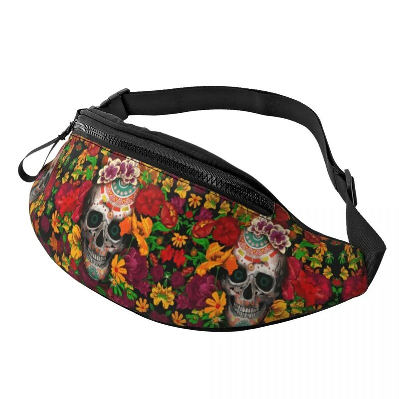 Sugar Skull With Flower Fanny Bag Custom Mexican Floral Crossbody Waist Pack Women Men Running Phone Money Pouch
