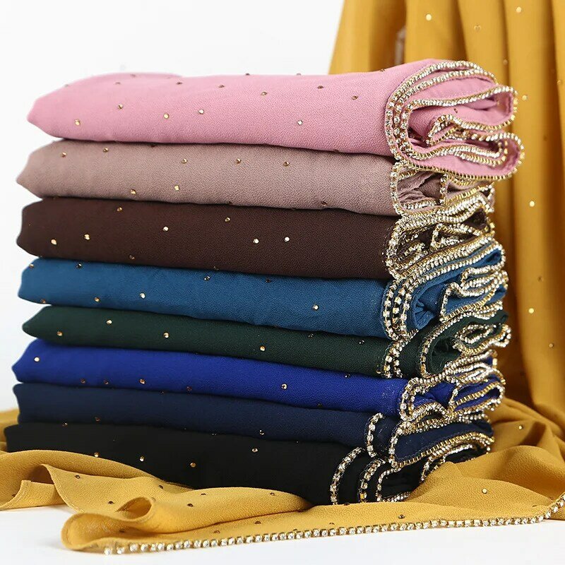 Chiffon sjaal voor vrouwen, zachte hijab, lange wrap sjaals, glitter strass trim, monochromatisch, mode