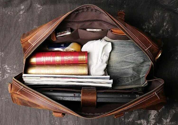 Tas Travel kulit modis asli, tas jinjing 50cm untuk bepergian, tas kulit sapi lapisan atas akhir pekan