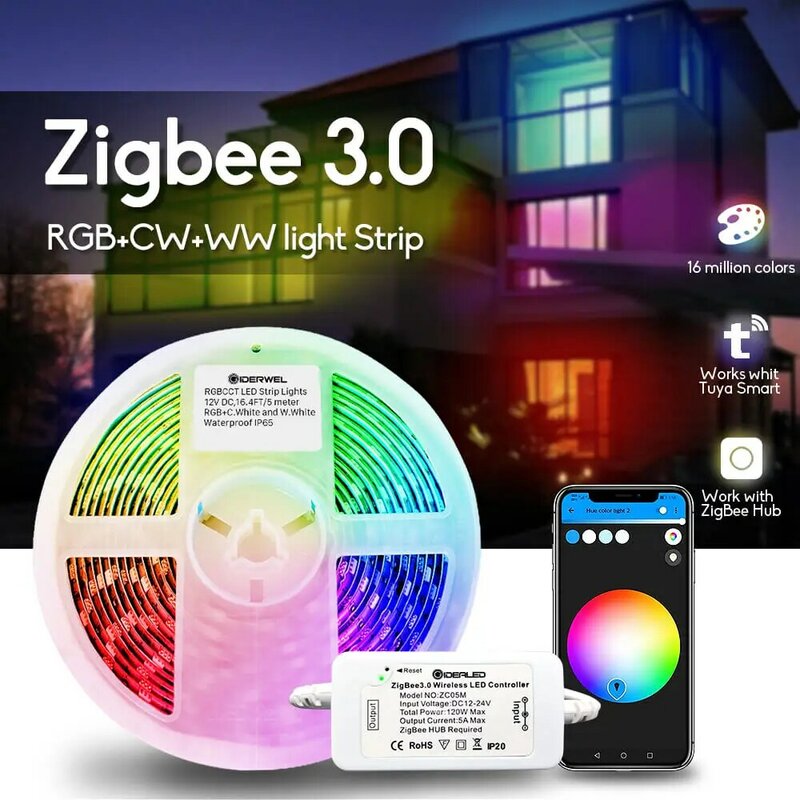 Tira de luces LED inteligente RGBWW, controlador Zigbee 3,0, cambia de Color, funciona con Zigbee Hub y Echo Plus, luz ambiental regulable