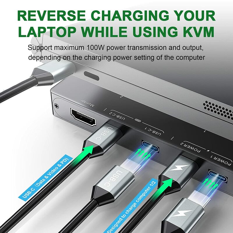 Kceve USB Type-C KVM Switch สวิตช์4K @ 60HZ USB C สำหรับคอมพิวเตอร์2เครื่องจอ1เครื่องและอุปกรณ์ USB 4เครื่อง PD พลังงาน100 W