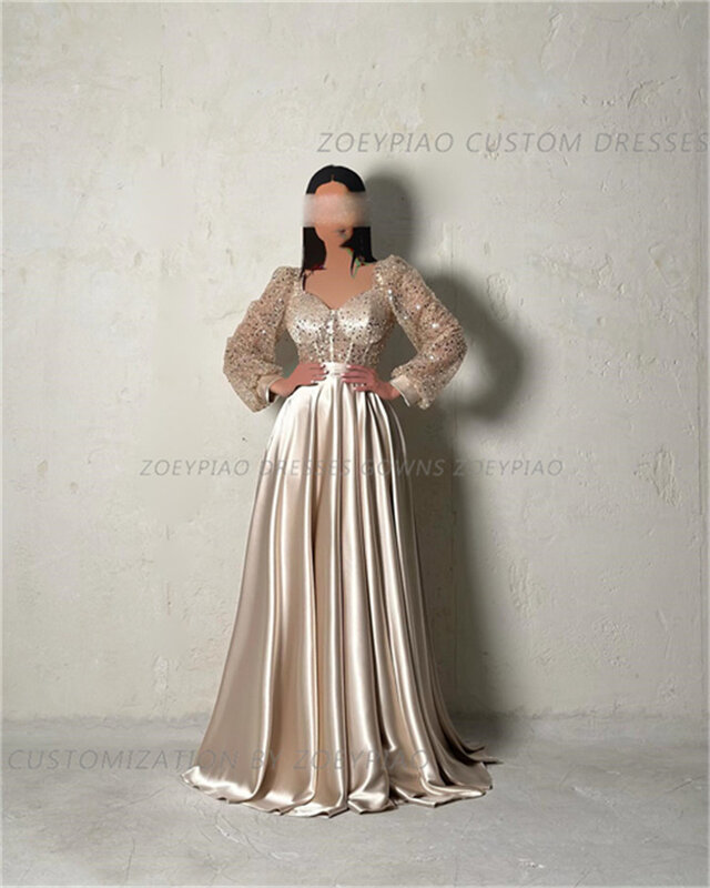 Champagne Shiny Crystal Satin Prom Dresses Full Sleeves Evening Gowns Dubai Women Pleats Formal Party Vestidos De Noche