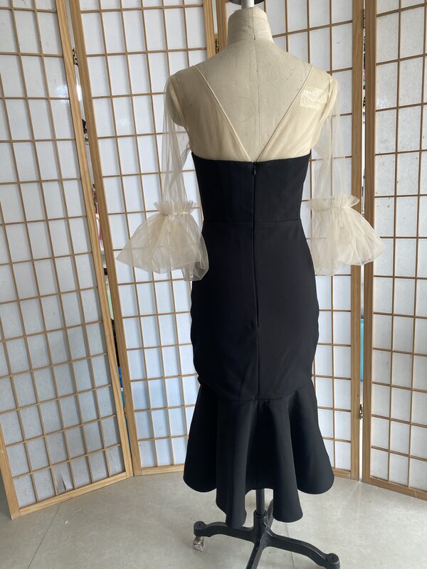 2023 new slim black Hepburn style mesh bubble sleeve fishtail skirt temperament annual meeting host dress