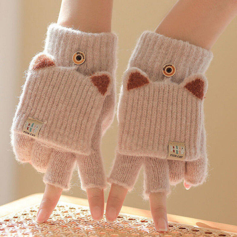 Sarung tangan rajut hangat untuk wanita, sarung tangan Flip setengah jari, sarung tangan kerja Flip telinga kucing pelajar, hadiah Natal musim dingin