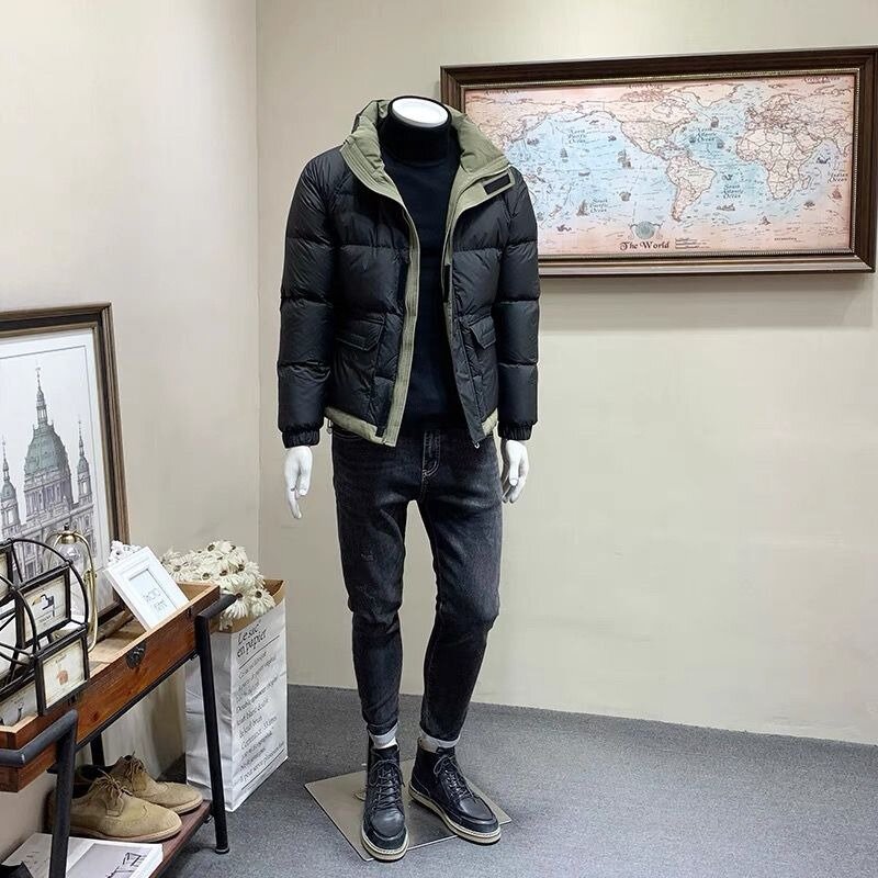 Jaket Down parka pria, mantel pendek musim dingin kerah berdiri warna sesuai, pakaian luar santai longgar modis 2023