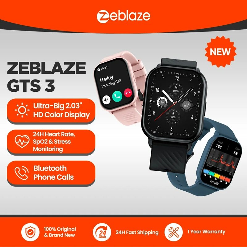 Zeblaze GTS 3 jam tangan pintar, arloji cerdas panggilan suara Ultra besar layar 2.03 ''HD 24 jam Monitor kesehatan 100 + mode olahraga 200 + wajah jam