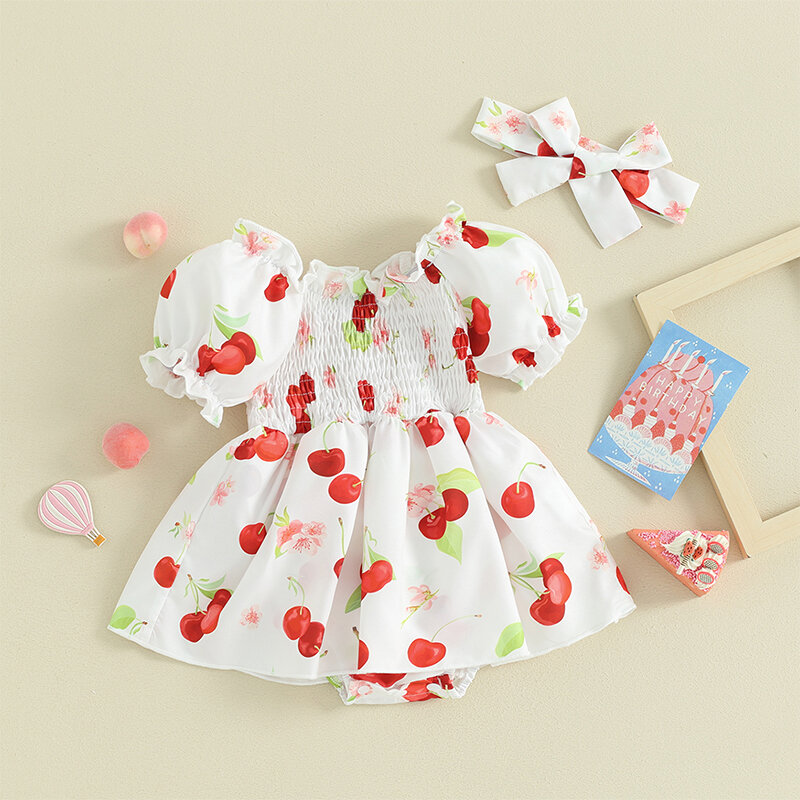 Baby Girl Romper Dress Infant Girl Summer Clothes Fruit Cherry Print Short Sleeve Jumpsuit with Headband Outfit Sets